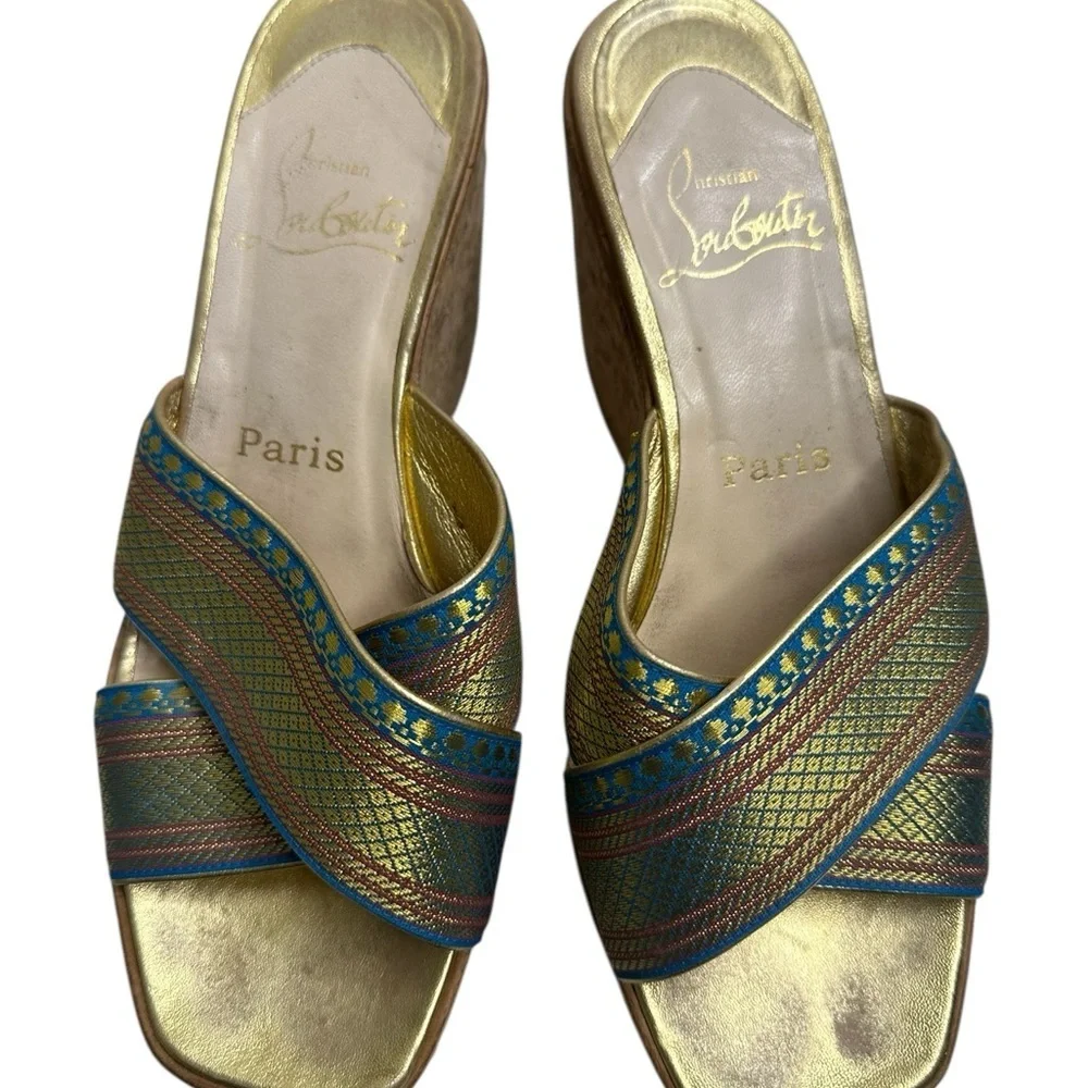 Christian Louboutin Gold and Blue Wedge Sandals, pre-owned, SZ 6.5